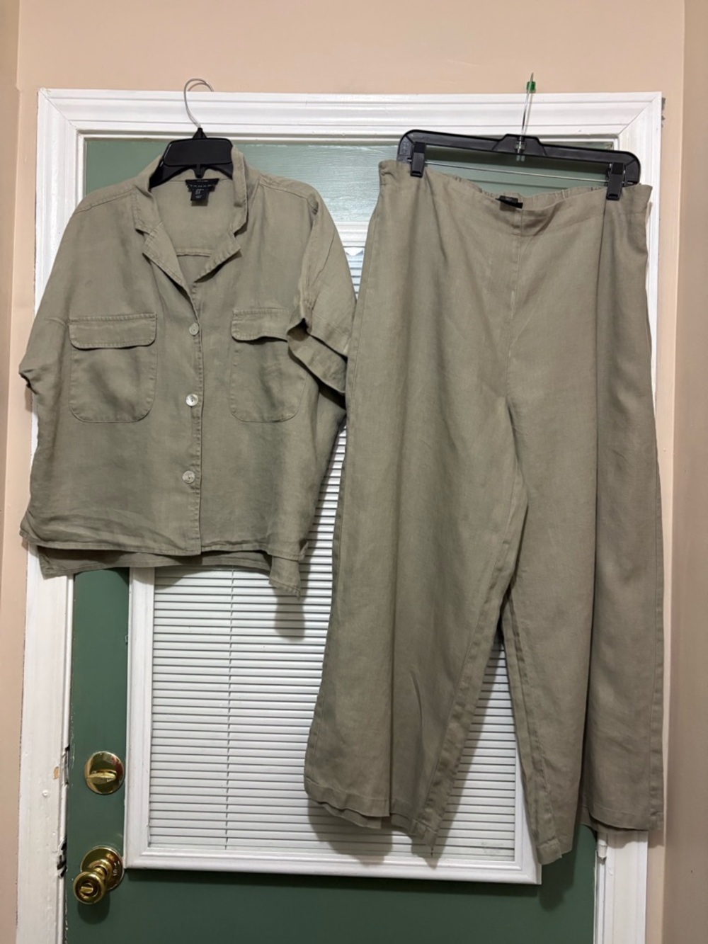 Tahari Essentials 100% Linen Wide Leg Cropped Pants Set Elastic Waist Size XL